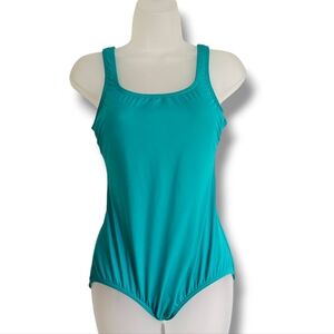 Lands End One Piece Swimsuit Womens Size 8 Turquoise Built In Bra Square Neck‎